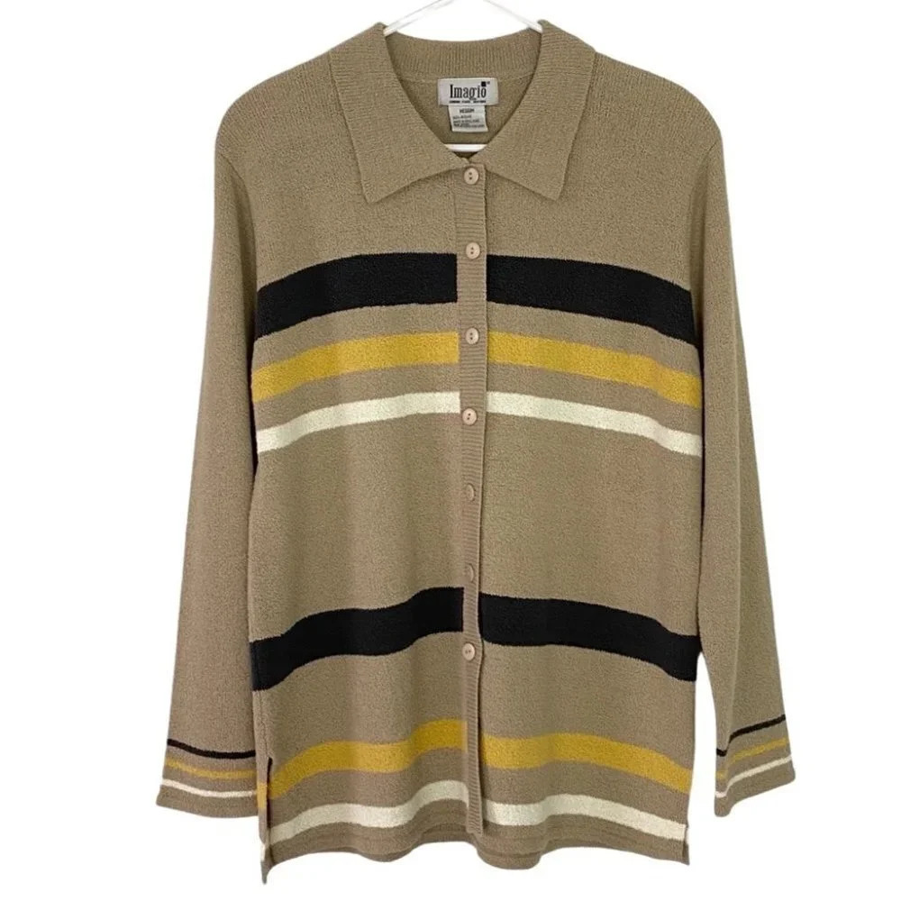 Vintage Beige Striped Cardigan with Black, Yellow, and Cream Accents